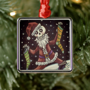 JINGLE BONES SANTA, HOLIDAY SKELETON & STOCKINGS METAL TREE DECORATION