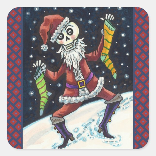 JINGLE BONES SANTA, HOLIDAY SKELETON & STOCKINGS SQUARE STICKER (Front)