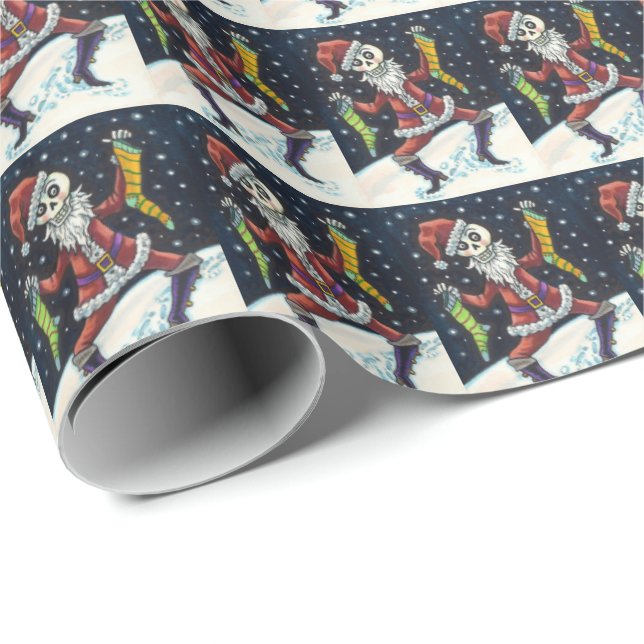 JINGLE BONES SANTA, HOLIDAY SKELETON & STOCKINGS WRAPPING PAPER (Roll Corner)