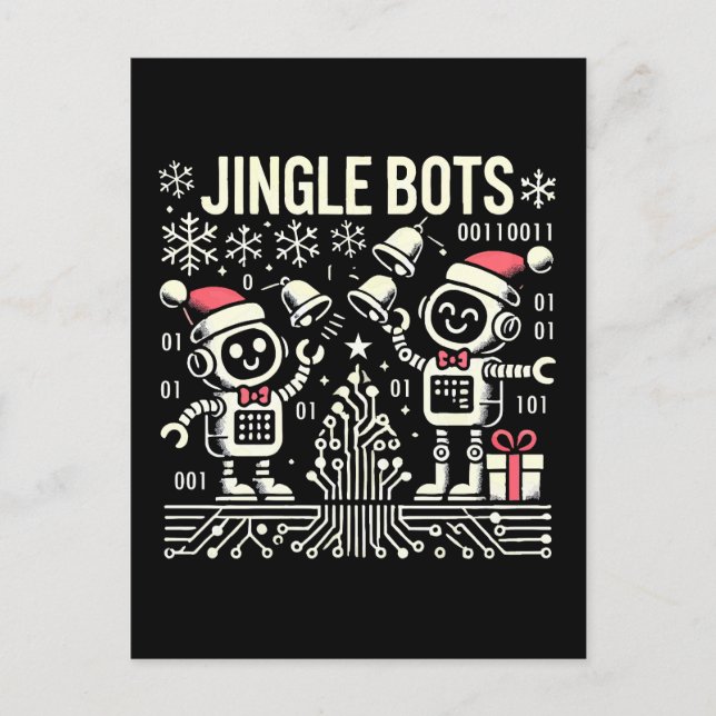 Jingle Bots Festive Holiday Robots with Santa Hats Postcard (Front)