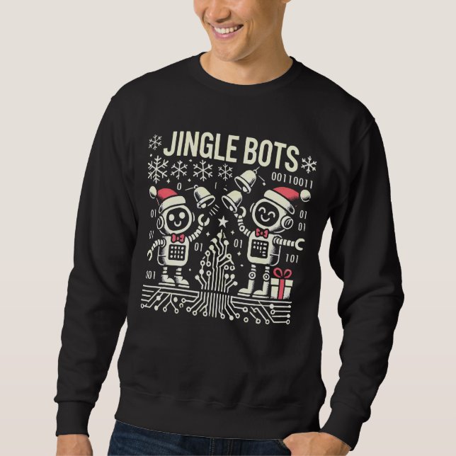 Jingle Bots Festive Holiday Robots with Santa Hats Sweatshirt (Front)