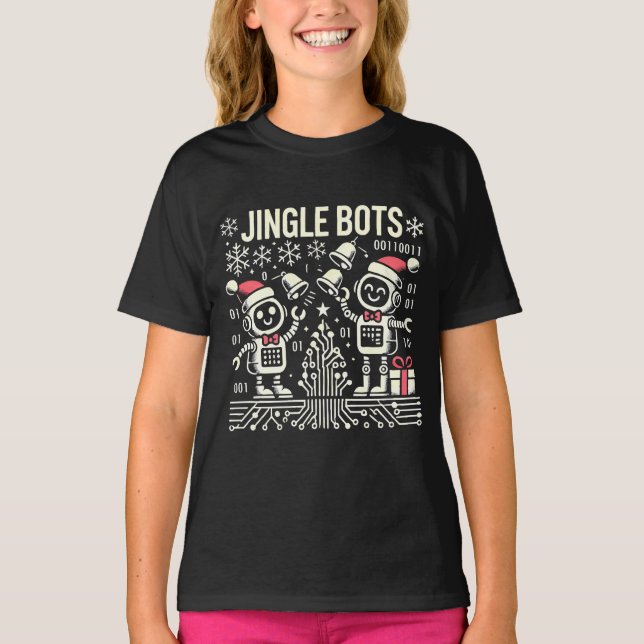Jingle Bots Festive Holiday Robots with Santa Hats T-Shirt (Front)