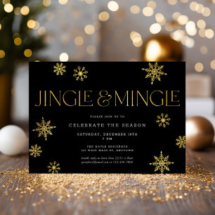 Jingle & Mingle Black Gold Snowflake Holiday Party Invitation