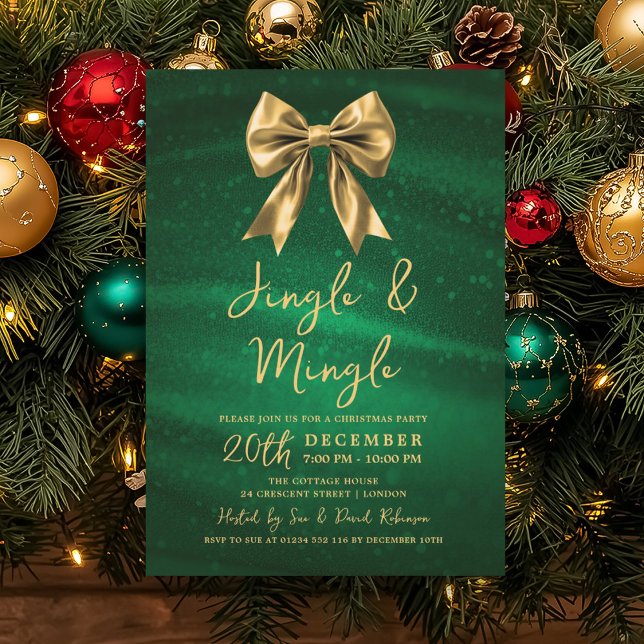 Jingle Mingle Christmas Gold Bow Silver Green Invitation (Jingle Mingle Christmas Gold Bow Silver Green Invitation)