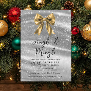 Jingle Mingle Christmas Party Gold Bow Silver Invitation