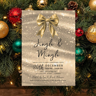 Jingle & Mingle Christmas Party Gold Sparkle Bow  Invitation