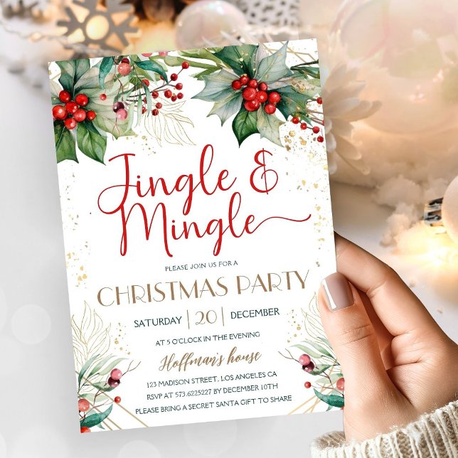 Jingle & Mingle Christmas Party Greenery Red Berry Invitation (Creator Uploaded)