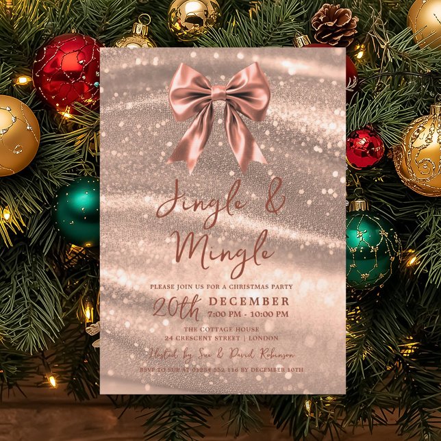 Jingle Mingle Christmas Party Rose Gold Bow  Invitation (Jingle Mingle Christmas Party Rose Gold Bow Invitation)