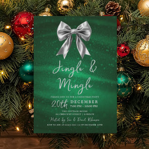 Jingle Mingle Christmas Party Silver Bow Green  Invitation