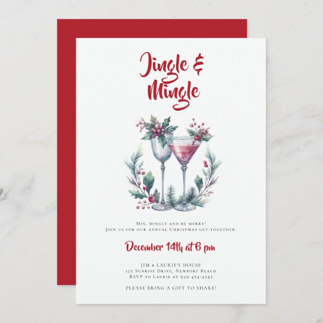 Jingle Mingle Cocktail Wreath Red Christmas Party Invitation (Front/Back)