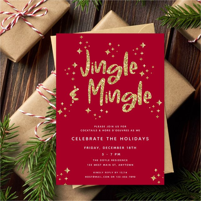 Jingle & Mingle Faux Gold Glitter Holiday Party Invitation (Creator Uploaded)