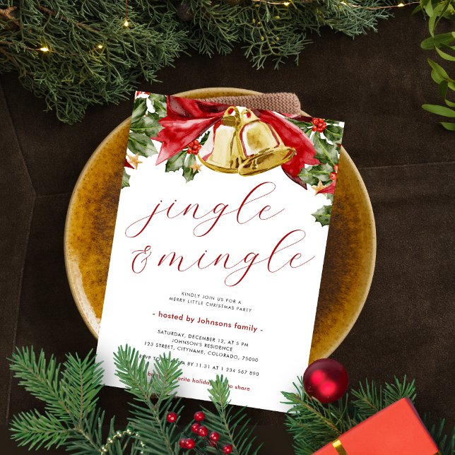 Jingle & Mingle Festive Gold Bells Christmas Party Invitation (Creator Uploaded)