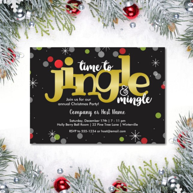 Jingle & Mingle Gold Red and Green Christmas Party Invitation (Jingle and Mingle Christmas Party Invitation in Black, Red, Green and Gold Foil)