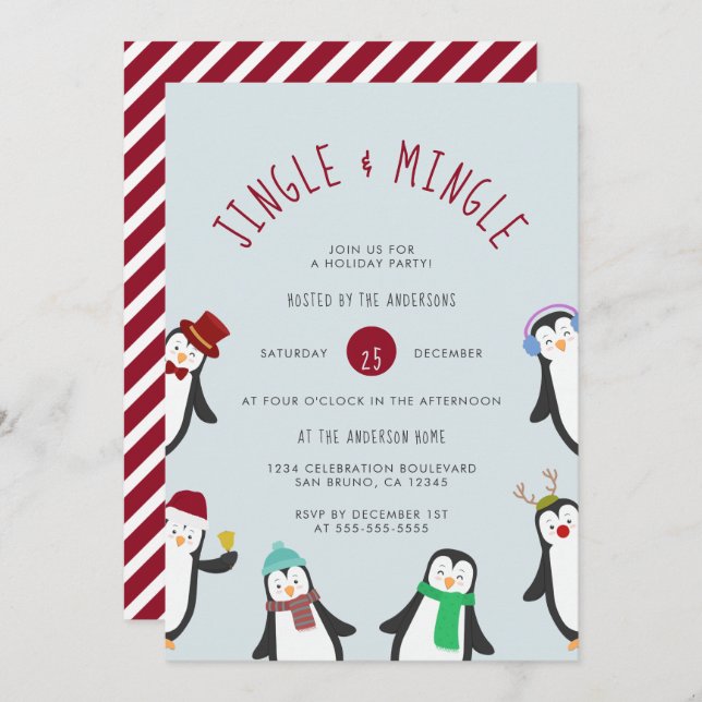 Jingle & Mingle Penguin Holiday Party Invitation (Front/Back)