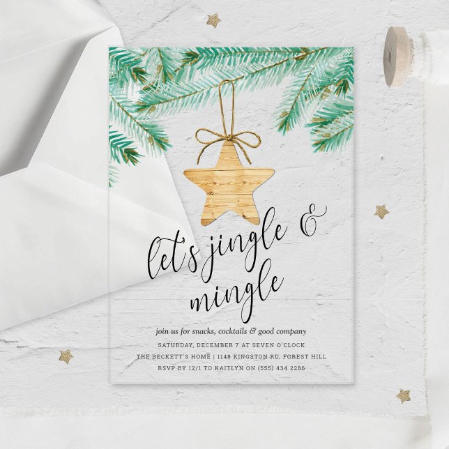 Jingle & Mingle Watercolor Pine Tree Holiday Party Acrylic Invitations (Creator Uploaded)