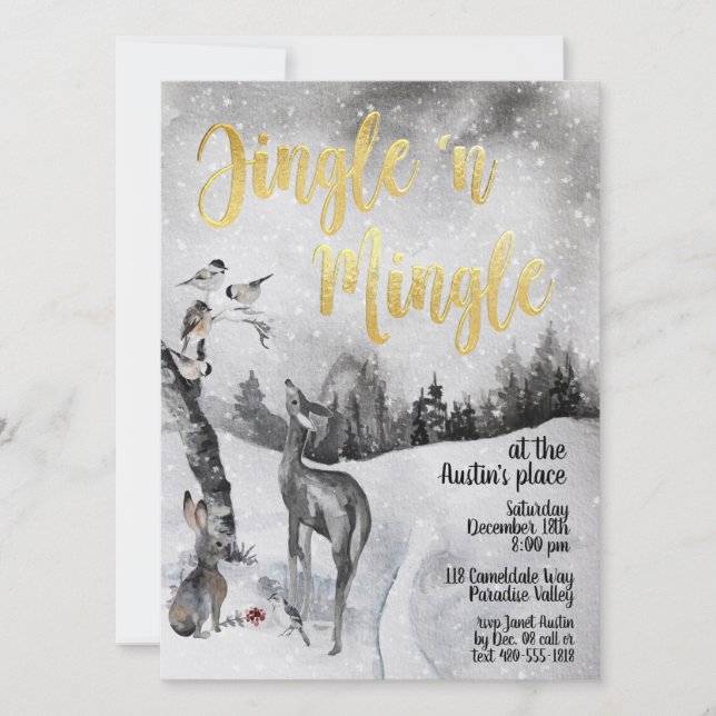 Jingle & Mingle Watercolor Woodland Party Invite (Front)