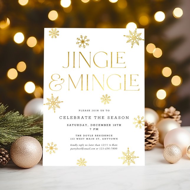 Jingle & Mingle White Gold Snowflakes Holiday Invitation (Creator Uploaded)