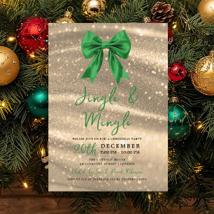 Jingle & Mingle Xmas Party Gold Sparkle Green Bow Invitation