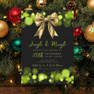 Jingle Mingle Xmas Party Winter Gold Bow Green Invitation