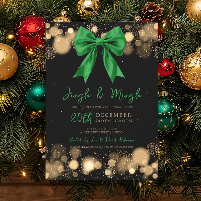 Jingle Mingle Xmas Party Winter Gold Bow Green  Invitation (Jingle Mingle Xmas Party Winter Gold Bow Green Invitation)