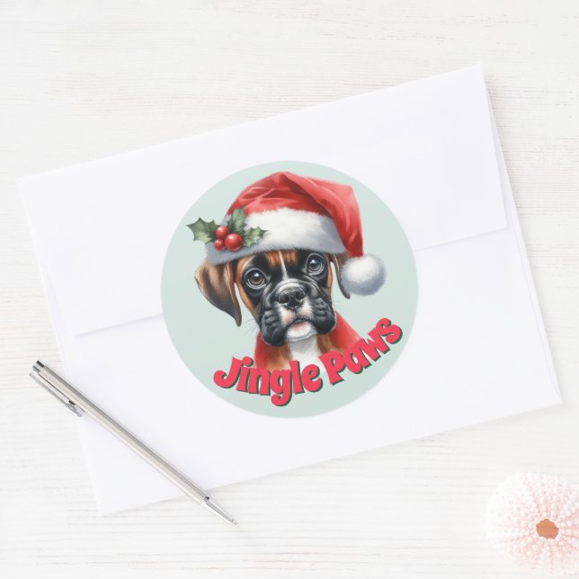Jingle Paws and Boxer Dog Joy Classic Round Sticker (Envelope)