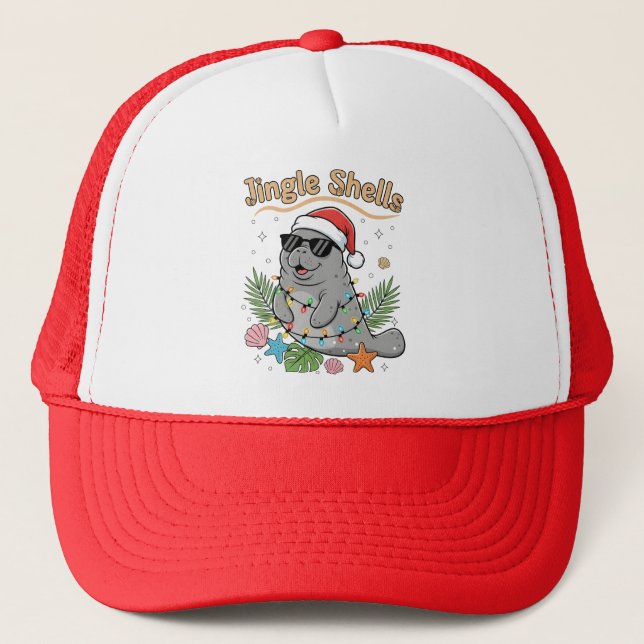 Jingle Shells Tropical Santa Manatee Christmas Trucker Hat (Front)