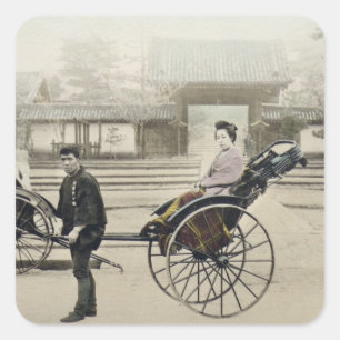 'Jinrikisha' in front of a temple, c.1880 (hand co Square Sticker