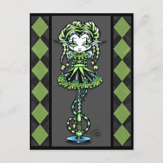 Jinxy Harlequin Pixie Stick Jester Fae Postcard (Front)