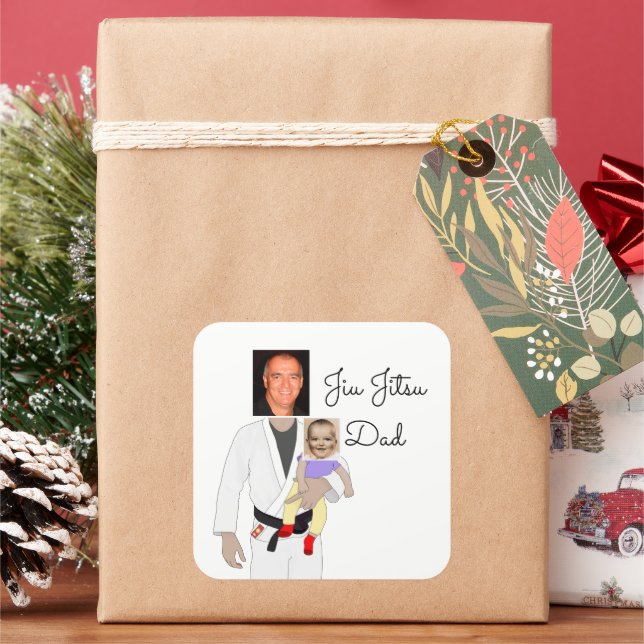 Jiu Jitsu Dad Custom Photos and Handwritten Text Square Sticker (Holiday)