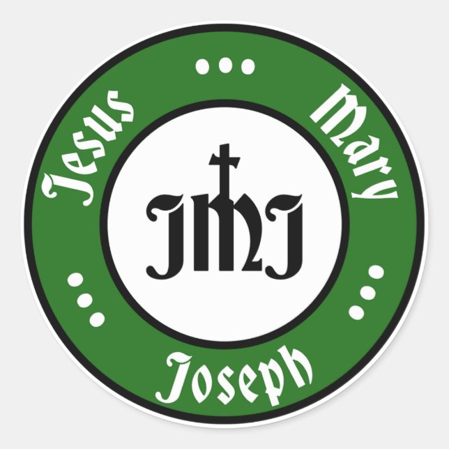 JMJ: Jesus, Mary, Joseph Logo (Green) Classic Round Sticker (Front)