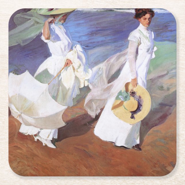 Joaquin Sorolla Women Walking Beach Square Paper Coaster (Front)