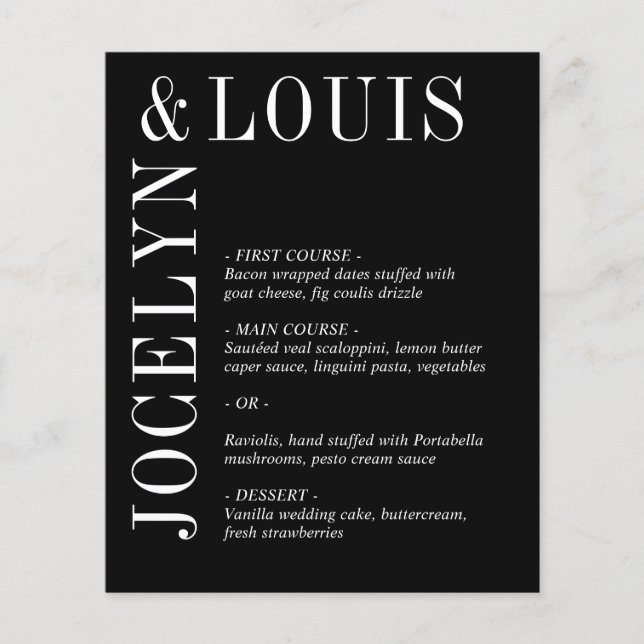 Jocelyn Black Modern Wedding Menu (Front)