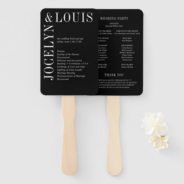 Jocelyn Black Modern Wedding Program Hand Fan (Front and Back)