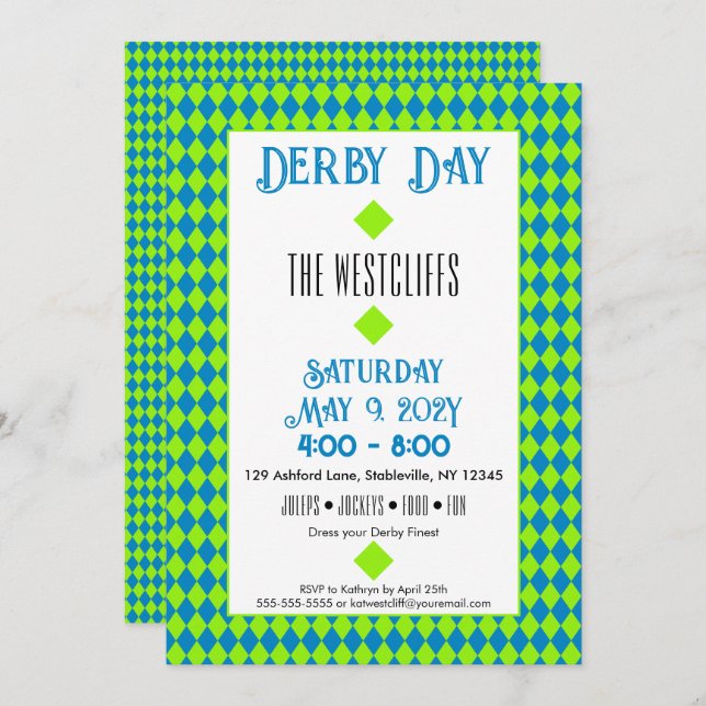 Jockey Silk Diamonds Green and Blue Derby Invitation (Front/Back)