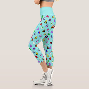 Jockey Silks Horse Riding Pattern on Blue Capri Leggings