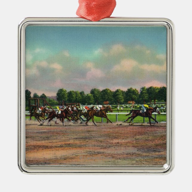 Jockeys Finishing Horse Race at Race Track Metal Tree Decoration (Front)