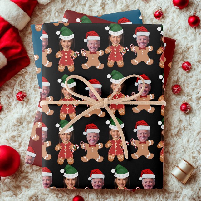Joe Biden Kamala Harris Custom Face Gingerbread Wrapping Paper Sheet (Creator Uploaded)