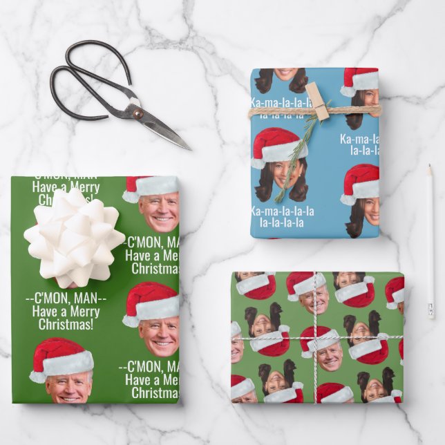 Joe Biden Kamala Harris Santa Hat Funny Christmas Wrapping Paper Sheet (Front)