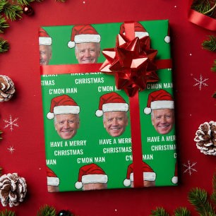 Joe Biden Santa Hat C'mon Man Green Christmas Wrapping Paper