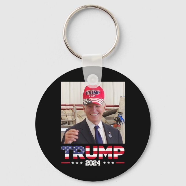 Joe Biden Wearing A Trump Hat  Key Ring (Front)