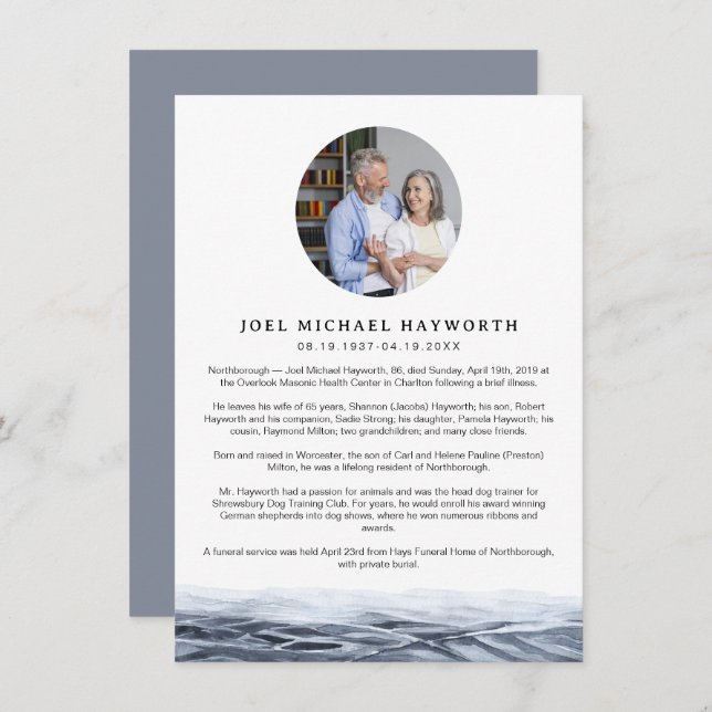 JOEL Minimalist Ocean Water Photo Obituary Card (Front/Back)