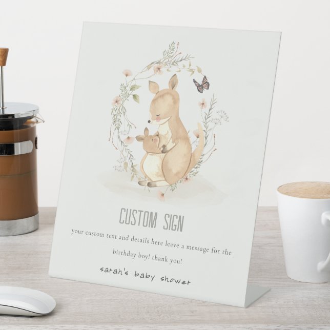 Joey Mama Kangaroo Floral Baby Shower Custom Party Pedestal Sign (In SItu)
