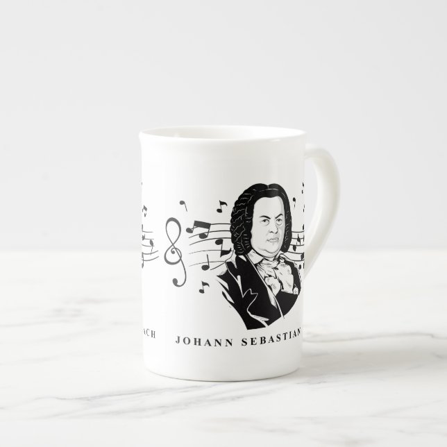 Johann Sebastian Bach Portrait and Bust with Notes Bone China Mug (Front Right)