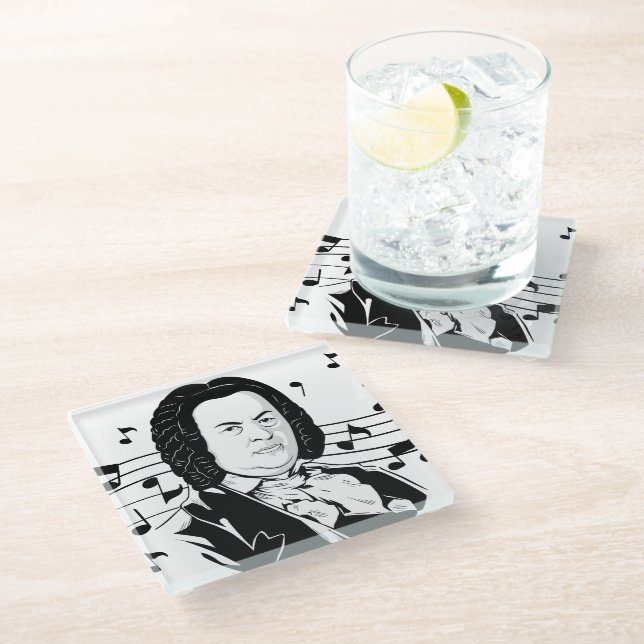 Johann Sebastian Bach Portrait and Bust with Notes Glass Coaster (Angled)