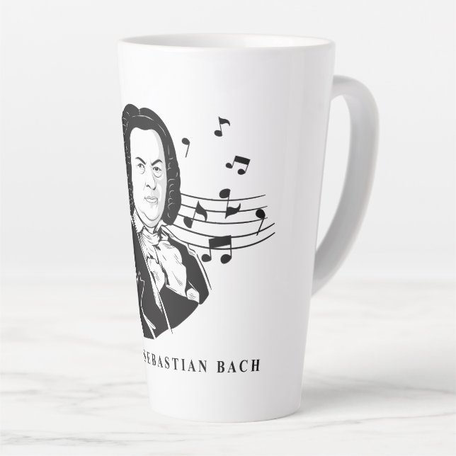 Johann Sebastian Bach Portrait and Bust with Notes Latte Mug (Right Angle)