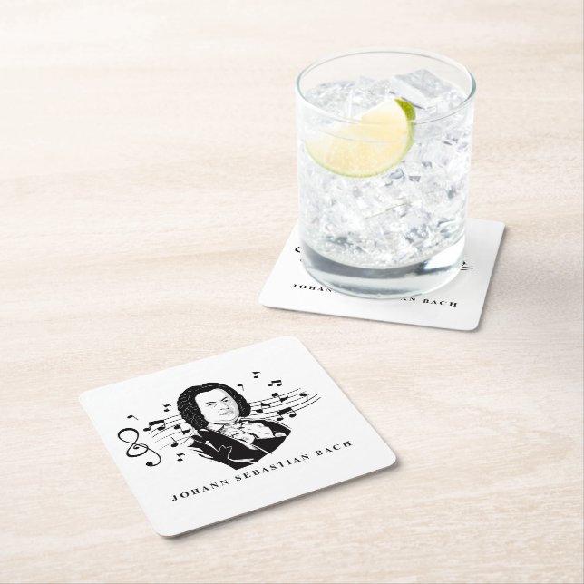 Johann Sebastian Bach Portrait and Bust with Notes Square Paper Coaster (Insitu)