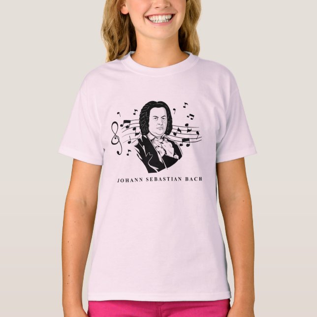 Johann Sebastian Bach Portrait and Bust with Notes T-Shirt (Front)