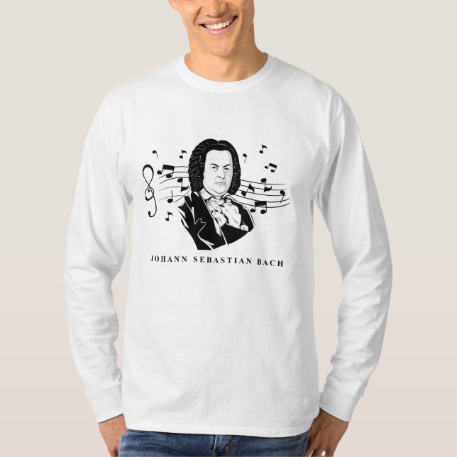 Johann Sebastian Bach Portrait and Bust with Notes T-Shirt (Front)