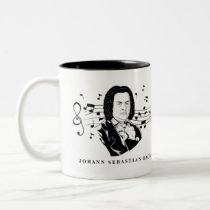 Johann Sebastian Bach Portrait and Bust with Notes Two-Tone Coffee Mug