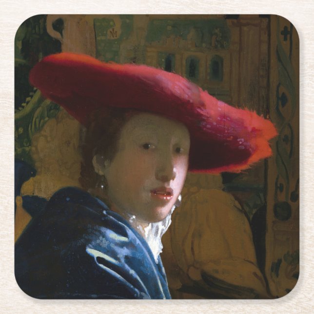 Johannes Vermeer - Girl with a Red Hat Square Paper Coaster (Front)